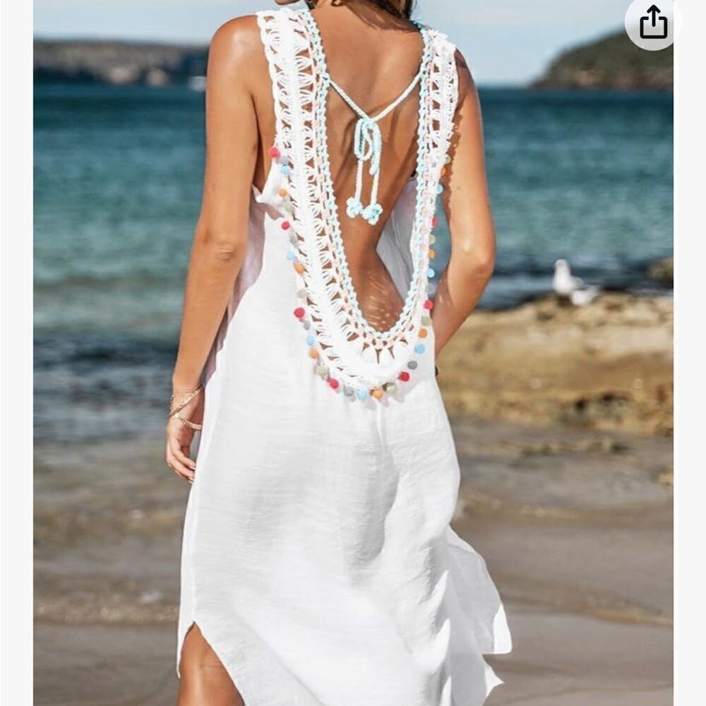 Bohemian Crochet White Multicolor Pom Pom Swim Cover Up